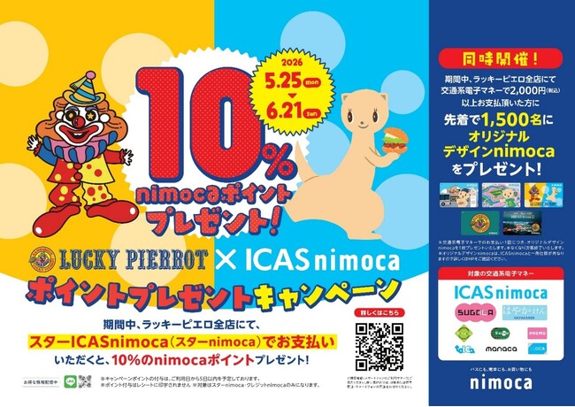 ラッキーピエロ 交通系IC決済導入記念】ラッキーピエロ×ICAS nimoca