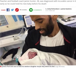 末期がんの男性 パートナーが出産を2週間早め 亡くなる2日前に娘を抱きしめる 英 ニコニコニュース