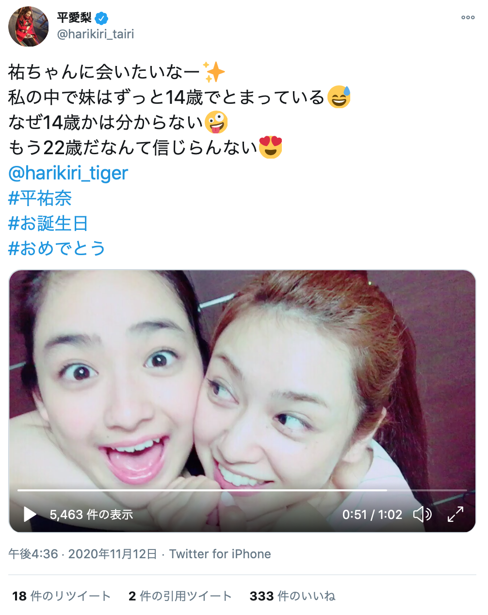 愛が詰まってる ほんわかします 平愛梨 妹 祐奈へのバースデー祝福動画を公開し大反響 ニコニコニュース