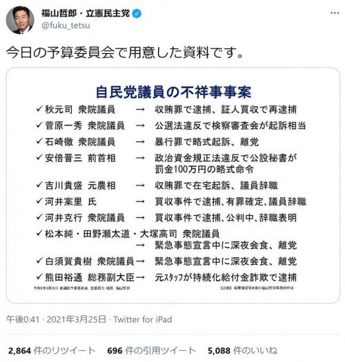 立憲民主党 福山哲郎幹事長 今日の予算委員会で用意した資料です 自民党議員の不祥事事案を列挙した表をツイートし反響 ニコニコニュース